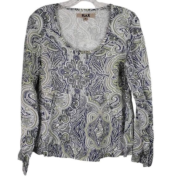 Flax Shirt Top Blue Green Long Sleeve Size Small Linen Paisley Boxy Lagenlook - Picture 2 of 9